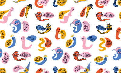 Funny worms with speech bubbles. Seamless pattern. Hand drawn vector character illustration. Colorful doodle drawing