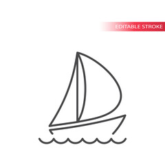 Boat or yacht thin line vector icon. Sailboat with water waves in the sea outline symbol. Editable stroke.