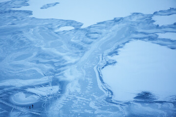 frozen lake view from above , thin ice surface aerial view 