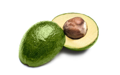 large green avocado split on a white background