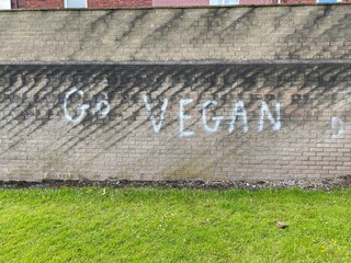 Go Vegan graffiti street art on a wall in a field