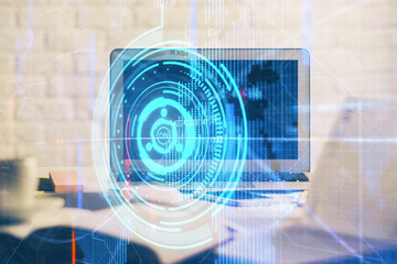 Multi exposure of desktop computer and technology theme hologram. Concept of software development.