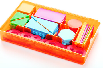 Colorful figures and numbers for children in a box. A tool for developing children's thinking.