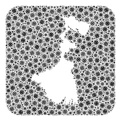 Pandemic virus map of West Bengal State collage formed with rounded square and cut out shape. Vector map of West Bengal State collage of infection virus particles in different sizes and grey shades.