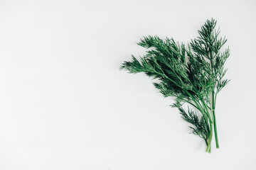 Fresh green dill on a white wooden background. Top view. Copy, empty space for text