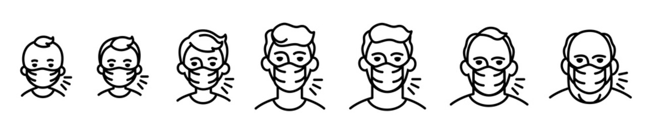 icons man in medical face protection mask, patients of different ages, infants, children, young people, middle-aged, elderly, old