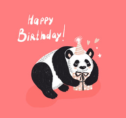 Digital illustration of a cute panda with a birthday present, bear on a pink background