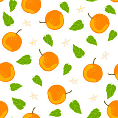 seamless pattern with oranges green leaves and flowers on a white background