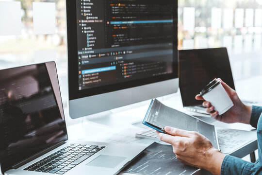 Developing programmer Team Development Website design and coding technologies working in software company office