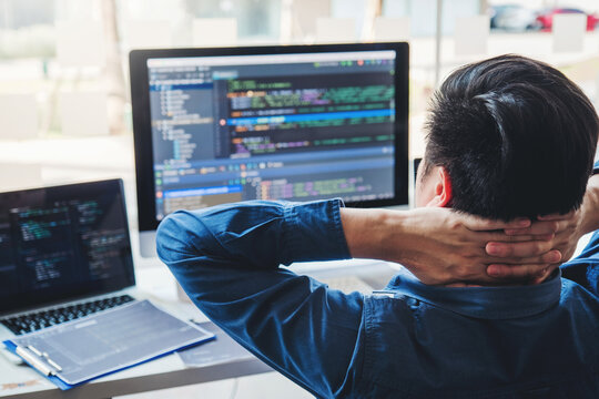 Developing programmer Team Development Website design and coding technologies working in software company office