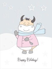 New Year's card of 2021. Cute ox in a scarf illustration. Winter hand drawn card. winter holiday.