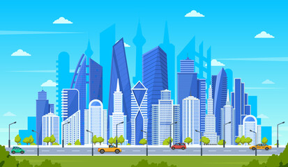 Modern city concept. Office buildings with street road traffic, urban downtown cityscape, city street panoramic view vector illustration. Cityscape street, panoramic building set city