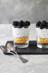 Chia pudding with blackberries and corn flakes 