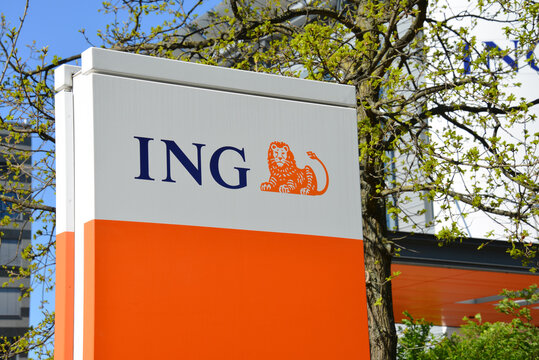 Hannover, Lower Saxony / Germany - April 21, 2019: Logo of ING in Hanover, Germany  - ING Groep N.V. is a Dutch multinational banking and finance services corporation headquartered in Amsterdam