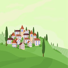 Fototapeta na wymiar Panoramic Vector illustration of rural countryside with European houses on hills stock vector illustration. Positive green scene, panoramic views.