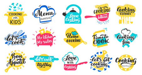 Cooking lettering labels. Kitchen food lettering hand drawn badge, cooking recipes and restaurant menu stamp vector isolated icons set. Illustration cooking lettering, culinary quotation emblem