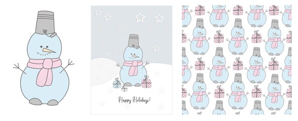 Cute snowman in a scarf illustration. Winter hand drawn cards and seamless pattern. snow. 2021. Happy holidays. Christmas and New Year..