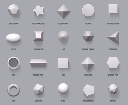 Hexagonal realistic 3D shapes. Basic geometric shapes, math 3d figure forms cube, cylinder and prism shapes top view vector illustration set. Geometry sphere and pyramid, form and cube