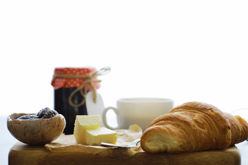 Fresh pastries on the table. French flavored croissant.