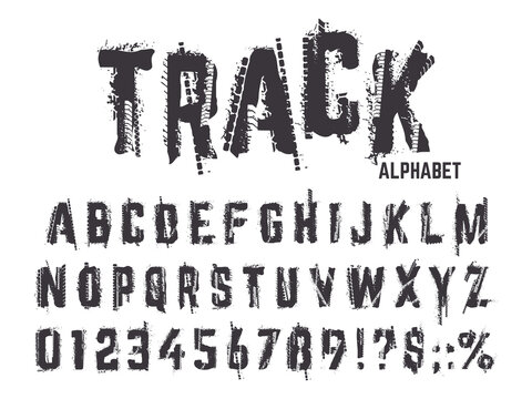 Tire tracks alphabet. Grunge texture treads letters and numbers, typography car wheel tire tracks lettering abc isolated vector symbols set. Alphabet and abc type, black tire textured illustration