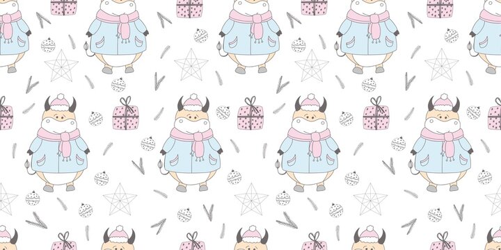 New Year pattern with a bull. Ox symbol of 2021. Funny ox illustration. Wrapping paper, christmas textile design.. © Анна Таранкова