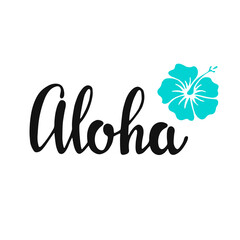 Aloha - hand written lettering. Text isolated on white background with design elements. Summer typography for photo overlays, t-shirt print, flyer, poster design. Beach life message