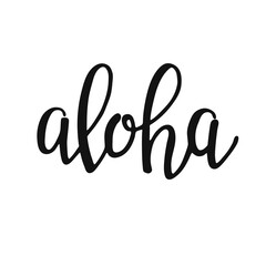 Aloha - hand written lettering. Text isolated on white background with design elements. Summer typography for photo overlays, t-shirt print, flyer, poster design. Beach life message