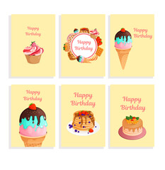 Set of happy birthday greeting cards on a yellow background. A4 format greeting card set templates. Vector illustration text can be added. Cake, cupcake, ice cream, pancakes, strawberries, raspberries