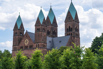 Fototapeta na wymiar The four towers of the Redeemer Church in Bad Homburg / Germany in the Taunus
