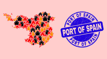 Fire and houses combination Gerona Province map and Port of Spain corroded stamp seal. Vector collage Gerona Province map is done with randomized burning cities.