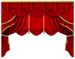 Retro red stage curtain. Realistic luxury silk curtains, theater scene interior drapery decoration, portiere drapes isolated vector illustration. Premiere ceremony, cinema portiere entertainment