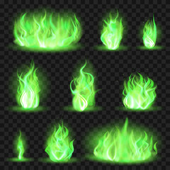 Realistic coloured fire. Green fiery blaze, magic game flaming flame, color burning spurts of flame vector illustration icons set. Green toxic burning, game blaze coloured collection © WinWin