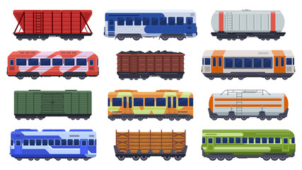 Trains transportation. Passenger and freight trains, steam train, goods high speed trains. Subway underground train vector illustration icons set. Cargo fast underground van for goods coal and wood