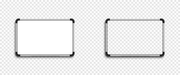 Whiteboard. White board with transparent board. Empty frame board, isolated on transparent background. Vector illustration