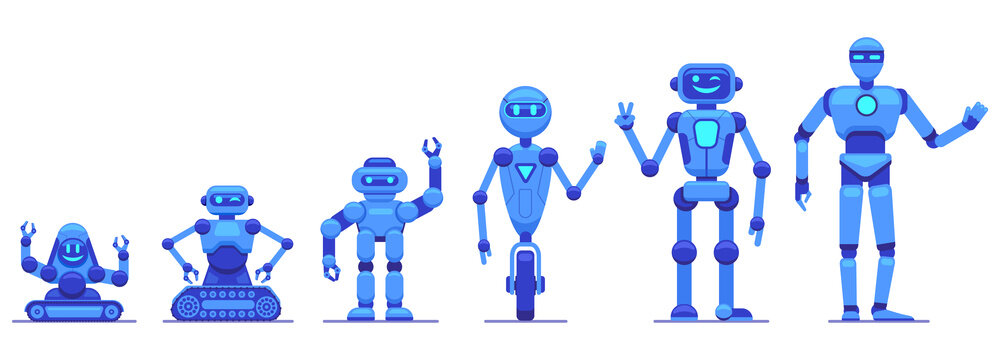 Robots evolution. Robotics technology progress, futuristic mechanical robot characters, robots tech evolution vector illustration icons set. Robot futuristic machine evolution, intelligence cyborg