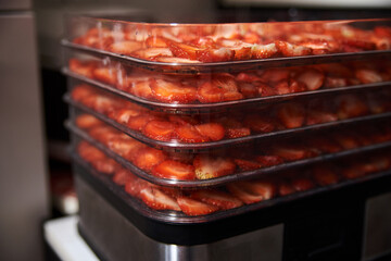 Chopped pieces of strawberries, prepared for drying, lying on white table in kitchen. Fruit dryer machine in process of making delicious snacks. Home dried berries' production. Summertime crop.