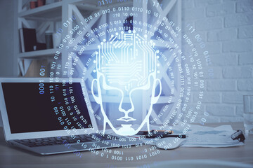 Multi exposure of work table with computer and brain hologram. Brainstorm concept.