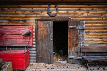 Woodshed in the woods. Timber harvesting
