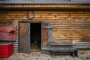 Woodshed in the woods. Timber harvesting
