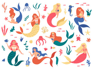 Marine mermaids. Cute mermaid princess, fairy mermaid girls with ocean marine elements, hand drawn magic underwater world vector illustration set. Seahorse swimming, octopus and colored mermaid