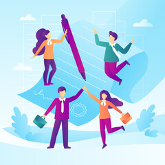 Business deal, teamwork concept. Signed document with business people in a flat design. Trend soft gradient, Vector illustration