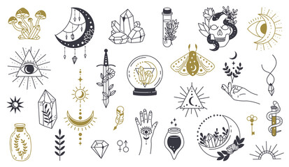 Magic doodle symbol. Witch hand drawn magic element, doodle witchcraft crystal, skull, knife, mystery tattoo sketch vector illustration icons set. Magic and witchcraft, witch esoteric alchemy