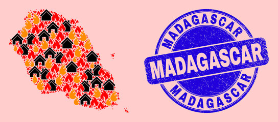 Fire disaster and houses combination Graciosa Island map and Madagascar dirty stamp imitation. Vector collage Graciosa Island map is formed of random burning houses.