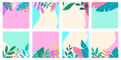 Social media post frame background with leaves or plants. Floral backdrops set. Spring and summer cover, poster, banner, card or flyer template. Vector illustration.