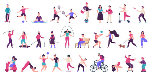 Fototapeta na wymiar People outdoor activities. Active, healthy lifestyle, jogging, running, roller skates, bicycle and rollerblading vector illustration icons set. People activity outdoor, yoga volleyball and golf