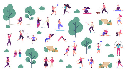 Active outdoor lifestyle. People healthy lifestyle and park sport activities, outdoor games, jogging and running vector illustration icons set. Outdoor boy training, skateboarding and playing
