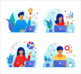Set of business people with laptops in flat design. Businessman, Office Employees, Managers with Laptops. Vector illustration