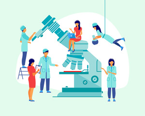 Large microscope with scientists in a flat design. Scientists working in modern laboratory, Blood test. Vector illustration