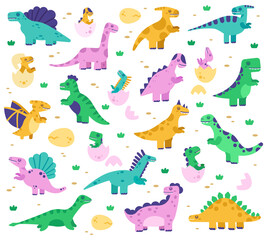 Fototapeta premium Hand drawn dinosaurs. Cute dino baby in eggs, jurassic era dinosaur characters, diplodocus and tyrannosaurus vector isolated illustration set. Diplodocus and dinosaur reptile colored for kids