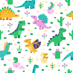 Dinosaur pattern. Cute dino doodle pattern, dinosaurs hand drawn tyrannosaurus, pterodactyl background, jurassic park vector seamless illustration. Background seamless pattern with prehistoric animals
